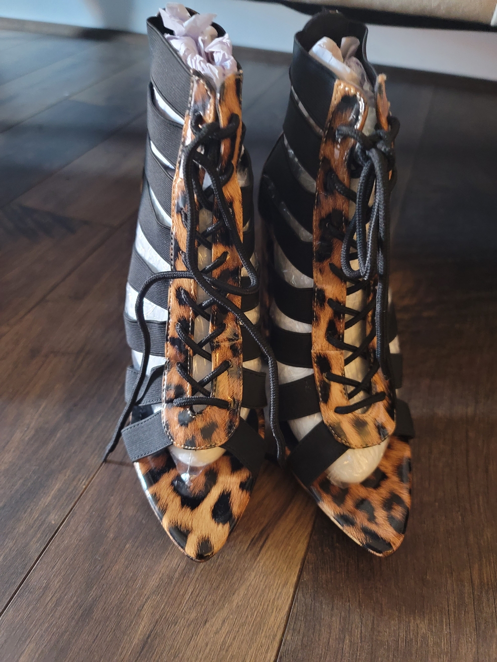 Cape Robbin Leopard Print Lace-Up Heels with Black Straps